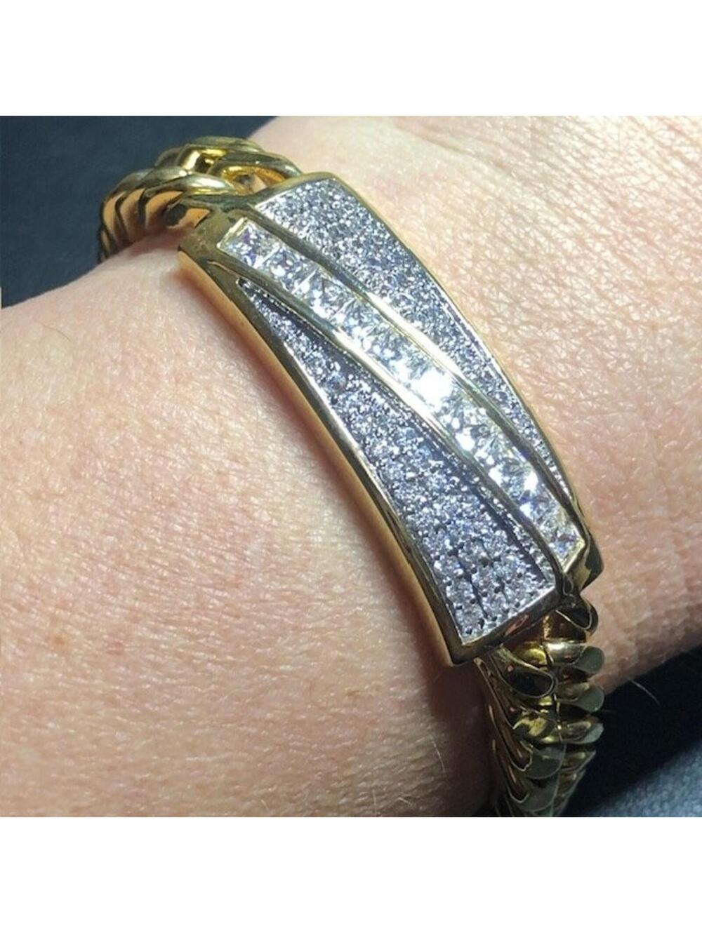 B2032 SETA Curb Chain Bracelet Pave & Princess Cut CZ Gold Tone 8.25"